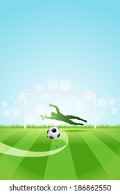 Soccer Background with Goalkeeper and Ball.  Original Vector illustration sports series. Classical football poster.