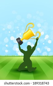 Soccer Background with Grass and with Player that Holding Award Trophy