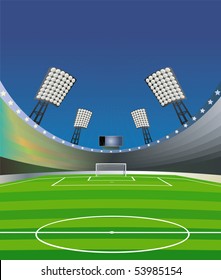 Soccer background with stadium, field and detailed goal. "Fish eye" effect. Vector illustration.