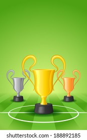 Soccer Background with Three Award Trophy on Gridiron