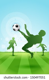 Soccer Background with three Players on Stadium. Original Vector illustration sports series. Classical football poster.