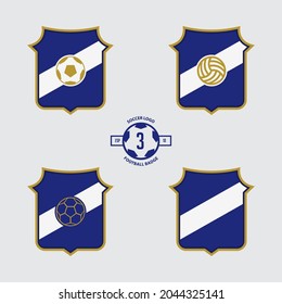 Soccer Badge or Football Logo Design for football team. Emblem design of 3 style soccer ball and a shield in flat design. Football club crest icon. Vector Illustration.