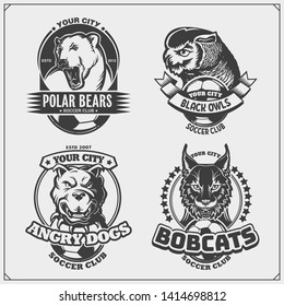 Soccer badges, labels and design elements. Sport club emblems with polar bear, bobcat, pitbull and owl. Print design for t-shirt.