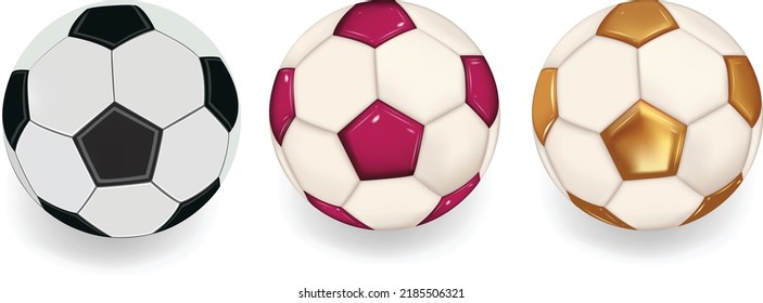 Soccer ball. 3 Footballs Set realistic 3d design style. Leather texture golden and white black color. 