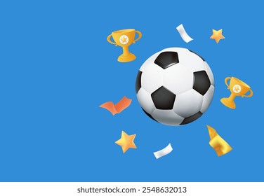 Soccer ball 3d banner on blue background. leather soccer ball. Soccer balls or football ball. Soccer competition concept vector illustration. Sport banner template