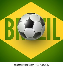 Soccer ball above flag of Brazil 2014, vector background