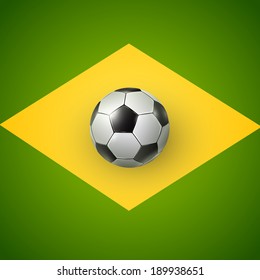 Soccer ball above flag of Brazil, vector background