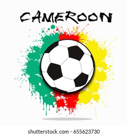 Soccer ball against the background of the Cameroon and flag of paint blots. Vector illustration
