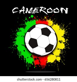 Soccer ball against the background of the Cameroon and flag of paint blots. Vector illustration