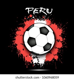 Soccer ball against the background of the Peru flag of paint blots. Vector illustration