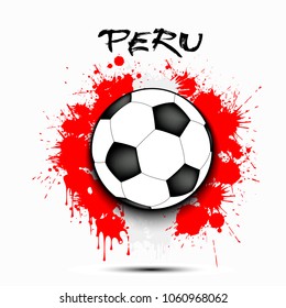 Soccer ball against the background of the Peru flag of paint blots. Vector illustration
