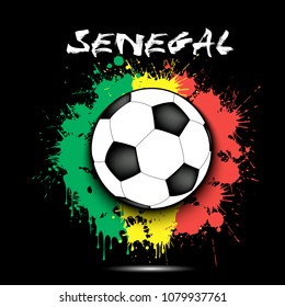 Soccer ball against the background of the Senegal flag of paint blots. Vector illustration