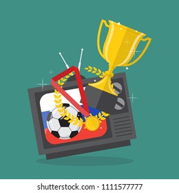 Soccer ball and awards on television with russia flag background. Vector illustration