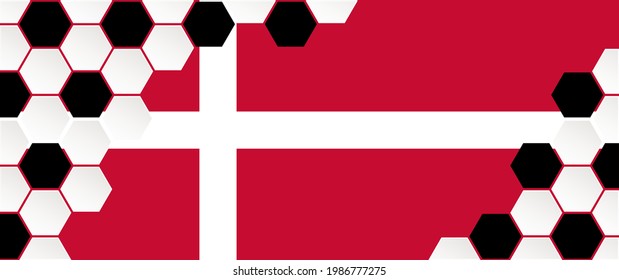 Soccer ball background with the flag of Denmark Football net pattern. Flat vector wk, ek banner. Honeycomb cells hexagon pattern. wk, ek sport supporters 2020, 2021, 2022