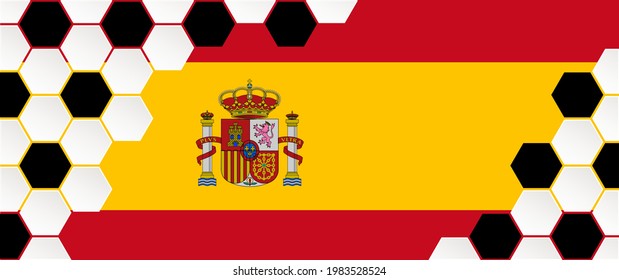 Soccer ball background with the flag of spain, espana. Football net pattern. Flat vector wk, ek banner. Sports ball game. Honeycomb cells hexagon pattern. wk, ek sport supporters 2020, 2021, 2022