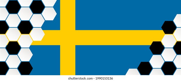 Soccer ball background with the flag of Sweden. Football net pattern. Flat vector wk, ek banner. Sports game. Honeycomb cells hexagon pattern. 2021