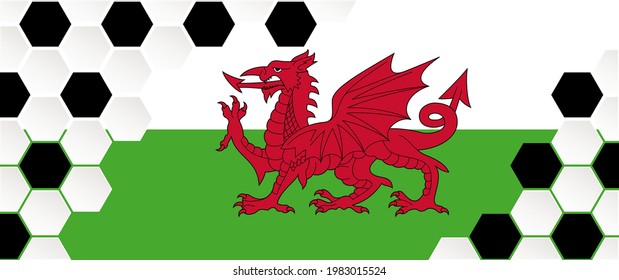 Soccer ball background with the flag of Wales ( England ). Football net pattern. Flat vector wk, ek banner. Honeycomb cells hexagon pattern. wk, ek sport supporters 2020, 2021, 2022