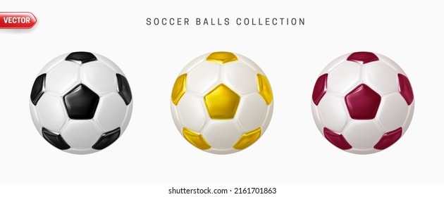 Soccer Ball. Soccer Balls Set realistic 3d design style. Leather texture golden, maroon and black with white colors. Sports design elements mockup isolated on white background. 3d Vector illustration