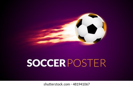 Soccer ball banner with fire ball in motion. Soccer creative banner football background.