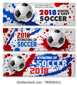 Soccer ball banner set for football sport game competition template. Soccer ball with paint splashes and splatters for football championship match or soccer tournament flyer design