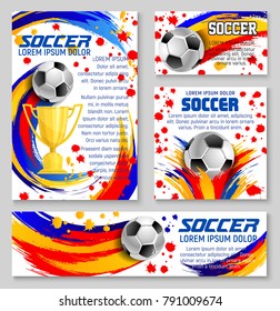 Soccer ball banner template for football sport game design. Golden winner cup or trophy with soccer ball, decorated by colorful paint splashes, brush strokes and spots for football championship design