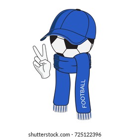 Soccer Ball In A Baseball Cap And A Blue Scarf With The Inscription Football, Gesture Victory