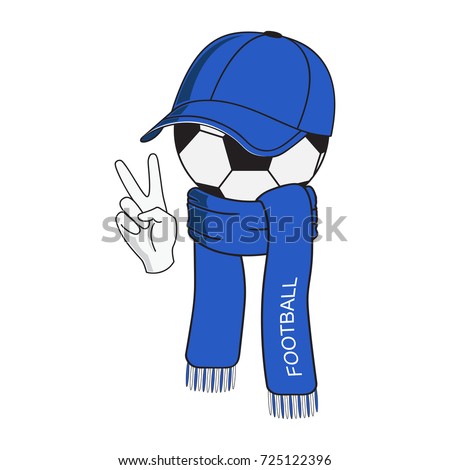 soccer ball in a baseball cap and a blue scarf with the inscription football, gesture victory