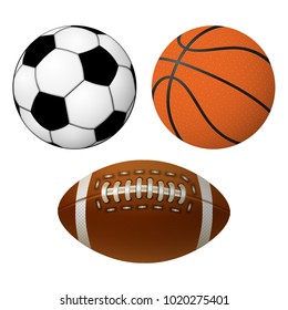 Soccer ball, basketball and a rugby ball or football, isolated objects on a white background.