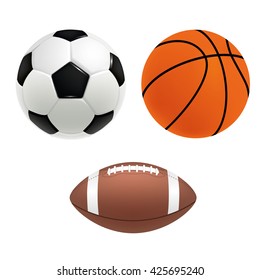 Soccer ball, basketball ball and rugby ball isolated on white background. Vector illustration.