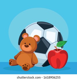 soccer ball, bear and apple fruit over blue background, colorful design, vector illustration