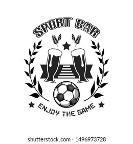 Soccer ball and beer symbol for football sport bar emblem template. Soccer ball and two glasses with beer. Vintage style on isolated background. Vector illustration
