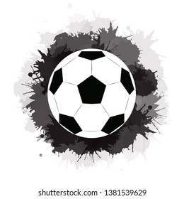Soccer ball with black ink stains and watercolor splashes. Sport equipment. The object is separate from the background. Vector element for banners, articles and your design.