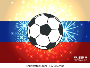 Soccer ball with black and white panels surrounded by salute light and spangle. Colored cartoon flat vector illustration on white-blue-red background.