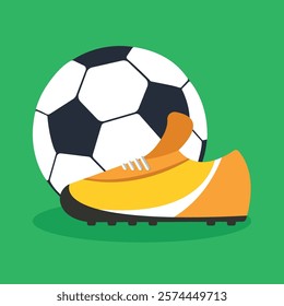 Soccer ball and boot icon on green background. Sports equipment, footwear. Match, sport.