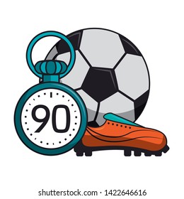 Soccer ball with boot and timer sport cartoons vector illustration graphic design