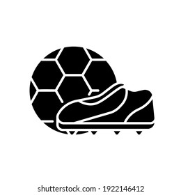 Soccer ball with boots glyph icon. Play football with team. Sport game gear. Tournament. Vector isolated outline drawing.