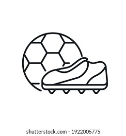 Soccer ball with boots linear icon. Play football with team. Sport game gear. Tournament. Vector isolated outline drawing. Editable stroke