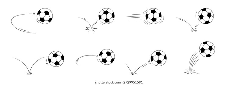 Conjunto de línea de movimiento de rebote de balón de fútbol. Movimiento de fútbol dibujado a mano con arcos curvos y efectos de rebote. Ilustración vectorial Doodle para gráficos deportivos y fondos de cómics dinámicos.