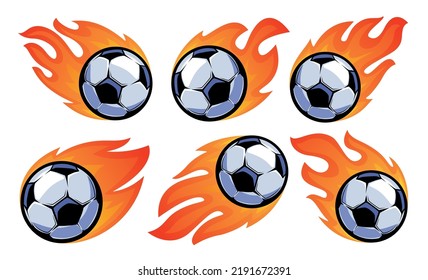 Soccer ball in burning fire flames set. Football emblem or sports mascot. Sport game symbol vector illustration