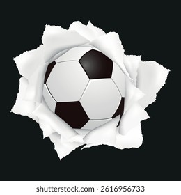 Soccer ball Bursting Though a Hole on white Background. Sport vector illustration with soccer ball coming out from torn paper on white background.