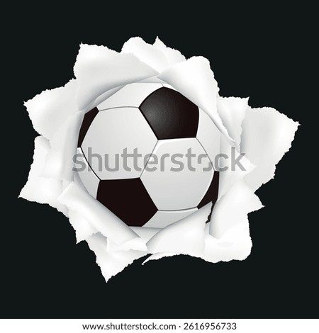 Soccer ball Bursting Though a Hole on white Background. Sport vector illustration with soccer ball coming out from torn paper on white background.