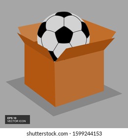 Soccer ball in a cardboard box. Vector illustration.