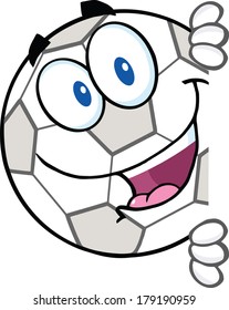 Soccer Ball Cartoon Character Looking Around A Blank Sign. Vector Illustration Isolated on white