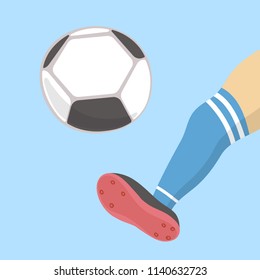 Soccer ball cartoon flying to the opponent's goal from a football kick. Championship. Vector illustration.