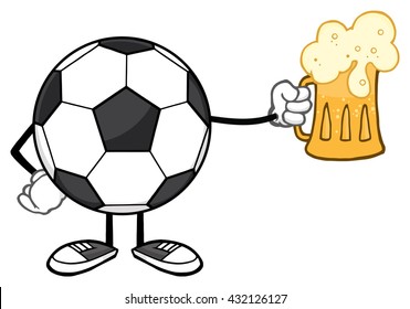 Soccer Ball Cartoon Mascot Character Holding A Beer Glass. Vector Illustration Isolated On White Background