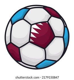 Soccer ball in cartoon style with blue and maroon colors, also with the Qatar flag in the middle.