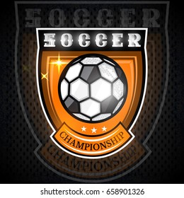 Soccer ball in center of golden shield. Sport logo for any football team