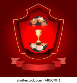 The soccer ball for the championship is divided into two halves. In the middle there is a gold cup. in the bottom of the banner