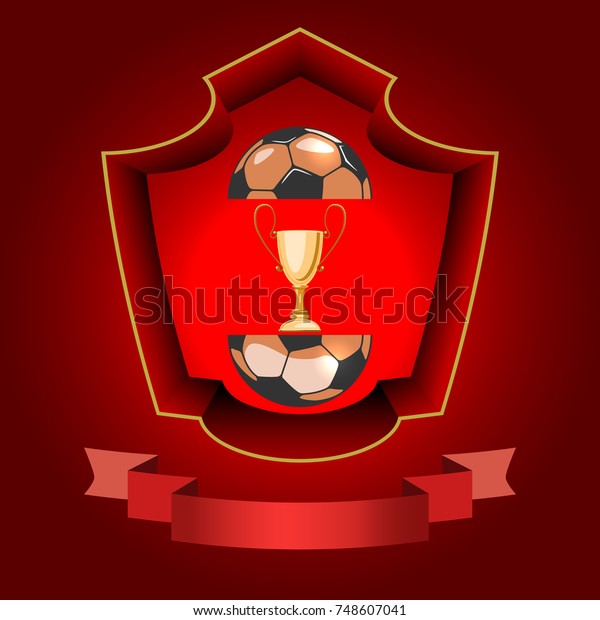 The soccer ball for the championship is divided\
into two halves. In the middle there is a gold cup. in the bottom\
of the banner