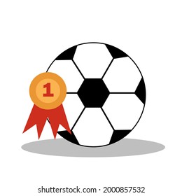 Soccer ball with championship winner medal. Football game attributes for postcard, logo or design. Flat illustration. Vector.